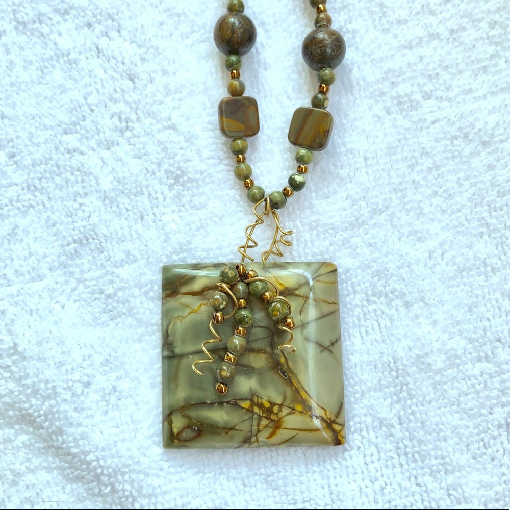 Stone necklace, greens and browns.